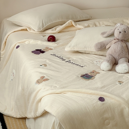 一加一 2025新款A类全棉双层纱皱皱纱毛巾绣夏被四件套（可妮兔系列） 可妮兔-米