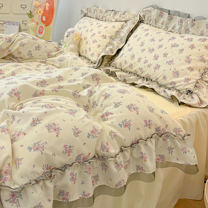 91家纺网 家纺一手货源 找家纺 眠帛家居 2025新款A类皱皱纱蕾丝花边四件套 芬芳