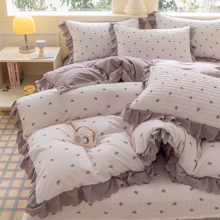 91家纺网 家纺一手货源 找家纺 珍爱家纺 2025新款A类针织棉双层纱夹棉床盖床裙花边单件三件四件套米亚