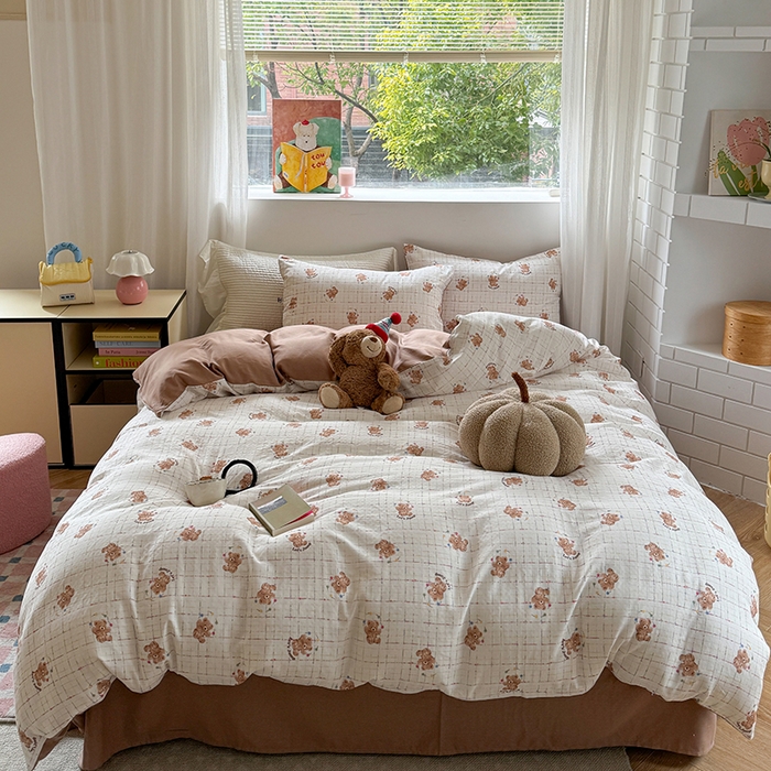 91家纺网 家纺一手货源 找家纺 2025新款全棉有氧双层纱四件套-卡通系列 跳跳熊