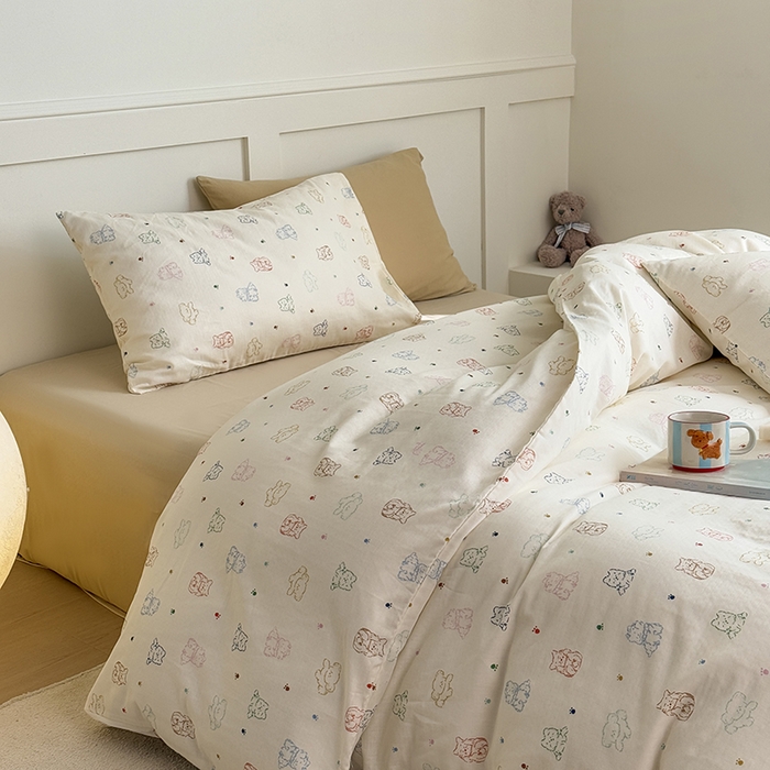 91家纺网 家纺一手货源 找家纺 2025新品全棉A类双层纱卡通风系列四件套 萌爪暖窝