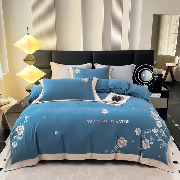 91家纺网 家纺一手货源 找家纺 （总）曲之慕 2025新品四季款高端刺绣四件套简约可水洗轻奢纯色刺绣四件套--馨花漫舞