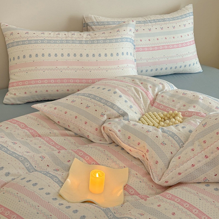 91家纺网 家纺一手货源 找家纺 塞纳 2026新款.全棉有氧双层纱四件套-场景二-觅可-粉