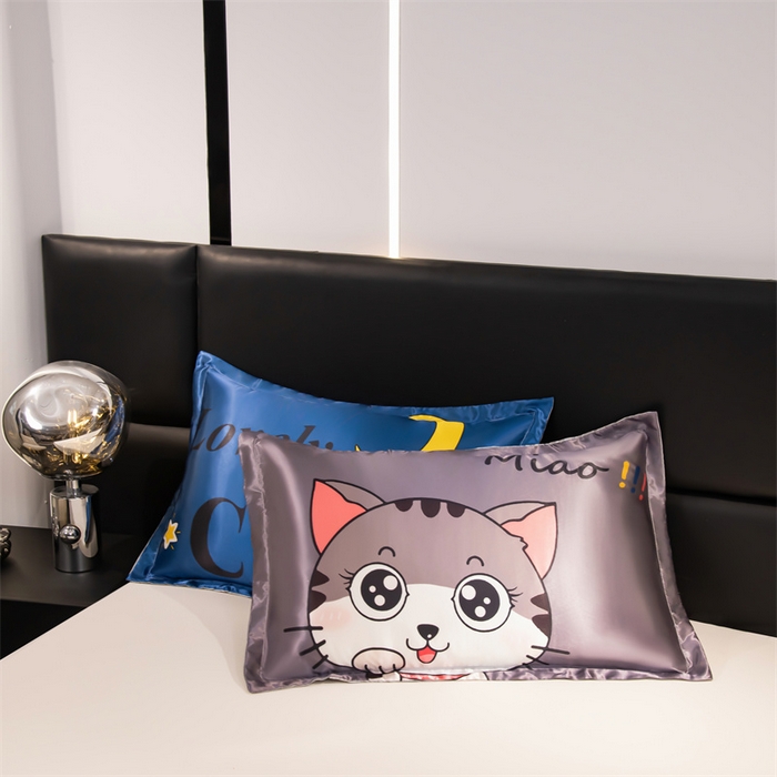 91家纺网 家纺一手货源 找家纺 梦舒羽 2025新款可水洗冰丝卡通枕套宿舍48x74cm单人凉爽枕头套 招财小猫
