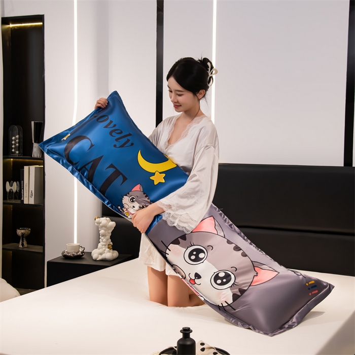 91家纺网 家纺一手货源 找家纺 梦舒羽 2025新款可水洗冰丝双人枕套凉爽情侣枕头套枕芯套 招财小猫