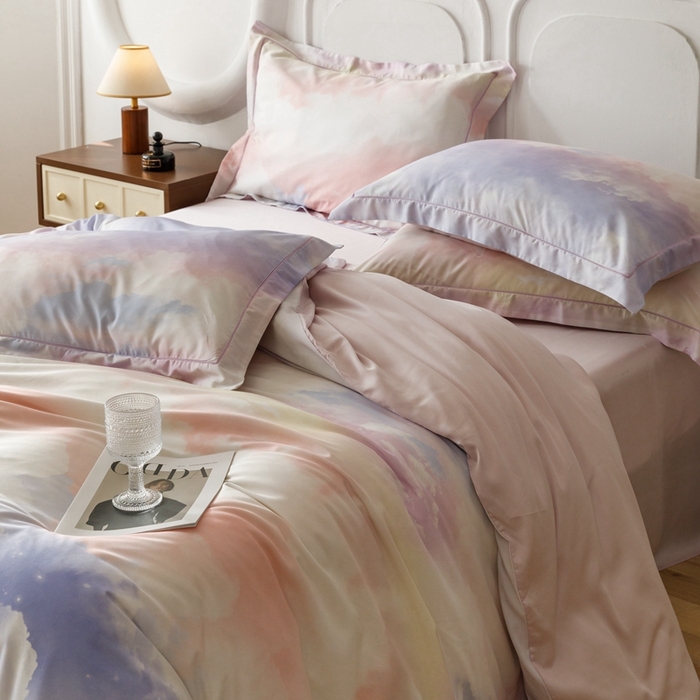 91家纺网 家纺一手货源 找家纺 金奇达2025新款【休闲午后】-轻氧水光莱赛尔四件套（标准号全网控价（折后券后）不低于258） 梦幻云彩