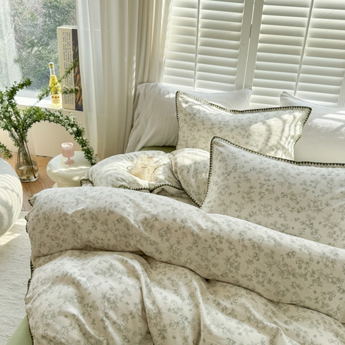 91家纺网 家纺一手货源 找家纺 金丝鸟家纺 2025新款全棉双层纱贝壳边四件套花卉系列 绿意枝头