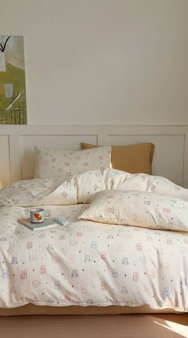 91家纺网 家纺一手货源 找家纺 2025新品全棉A类双层纱卡通风系列四件套 萌爪暖窝