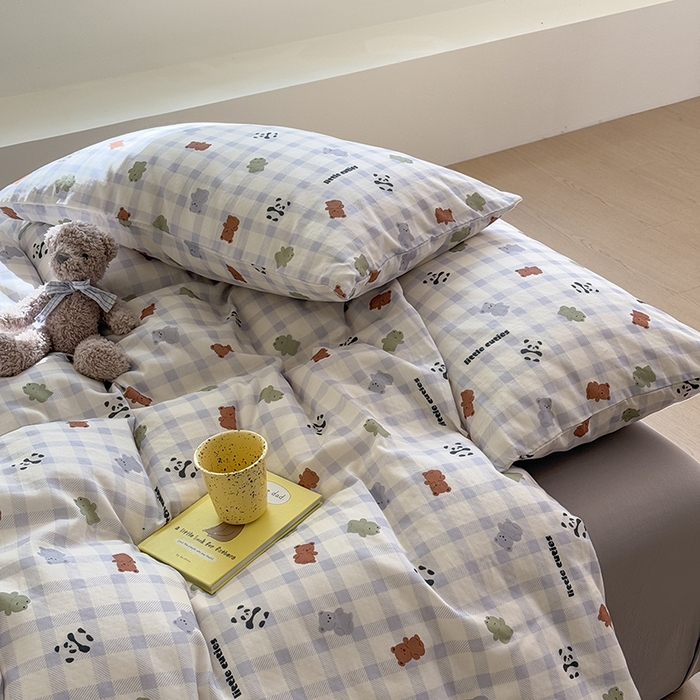 91家纺网 家纺一手货源 找家纺 2025新品全棉A类双层纱卡通风系列四件套 蛙蛙熊