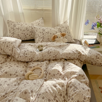 91家纺网 家纺一手货源 找家纺 悦织湾家纺 2025新款A类有氧针织棉印花四件套印花轻奢时尚学生宿舍单双人床上用品四件套 A类针织双层纱摩卡