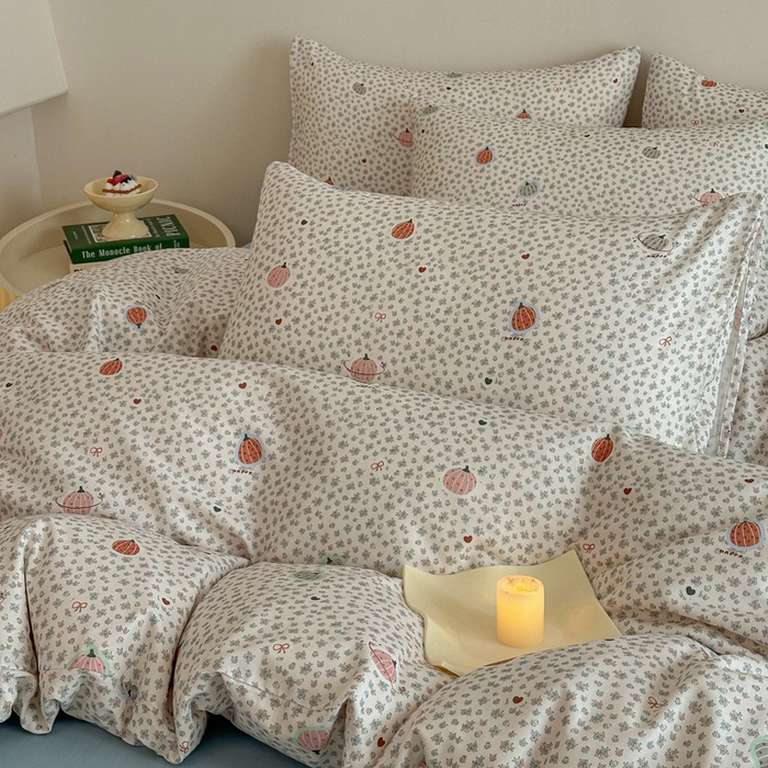 91家纺网 家纺一手货源 找家纺 塞纳 2026新款.全棉有氧双层纱四件套-场景二-南瓜派对-黄