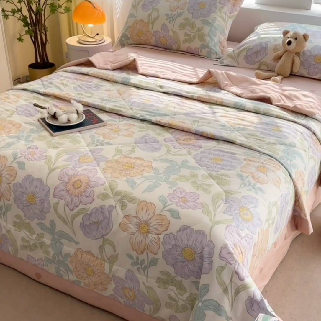 91家纺网 家纺一手货源 找家纺 欧夏家纺 2025新款里外全棉印花夏被100%新疆棉花 向日葵