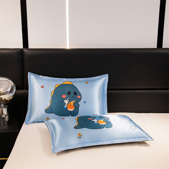 91家纺网 家纺一手货源 找家纺 梦舒羽 2025新款可水洗冰丝卡通枕套宿舍48x74cm单人凉爽枕头套 贪吃龙