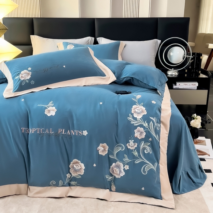 91家纺网 家纺一手货源 找家纺 （总）曲之慕 2025新品四季款高端刺绣四件套简约可水洗轻奢纯色刺绣四件套--馨花漫舞