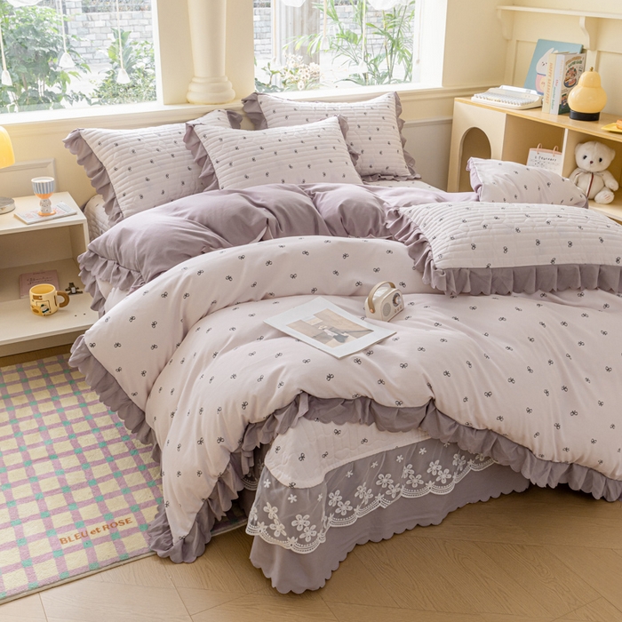 91家纺网 家纺一手货源 找家纺 珍爱家纺 2025新款A类针织棉双层纱夹棉床盖床裙花边单件三件四件套米亚