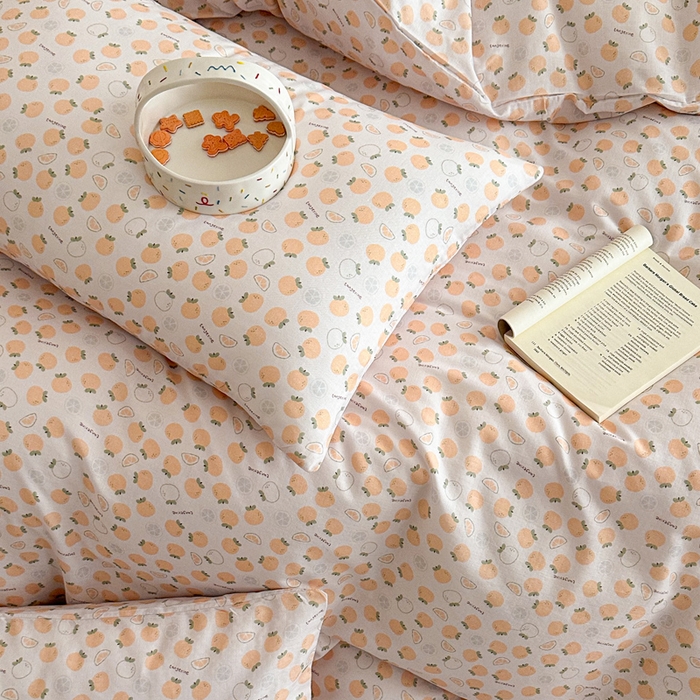 91家纺网 家纺一手货源 找家纺 塞纳 2026新款.全棉有氧双层纱四件套-场景二-大橘大利-桔