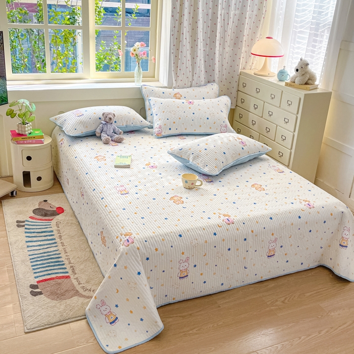 91家纺网 家纺一手货源 找家纺 857家居 2025新款针织双层纱床盖三件套 梦幻星辰