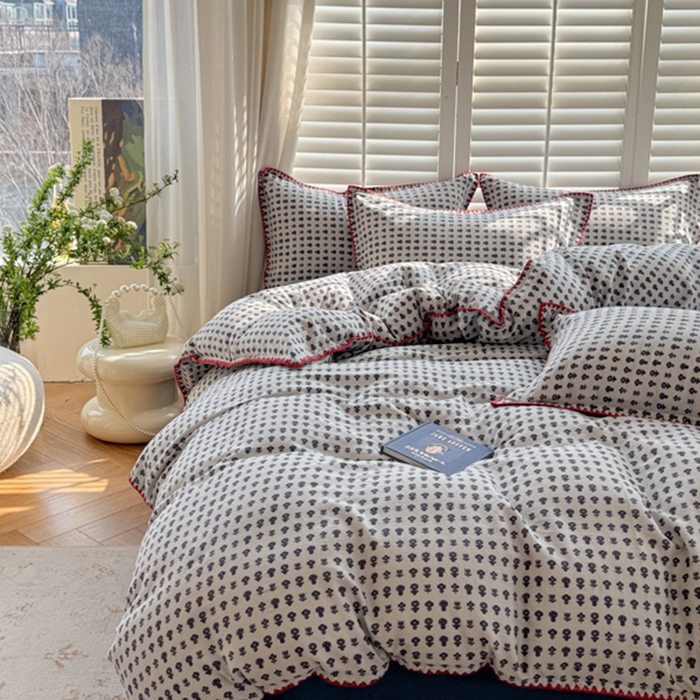 91家纺网 家纺一手货源 找家纺 金丝鸟家纺 2025新款全棉双层纱贝壳边四件套花卉系列 吉祥