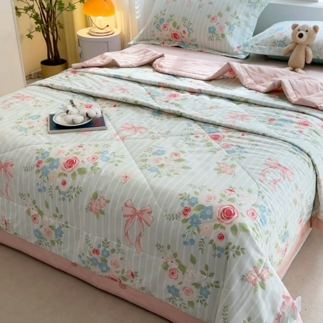 91家纺网 家纺一手货源 找家纺 欧夏家纺 2025新款里外全棉印花夏被100%新疆棉花 花语伊人