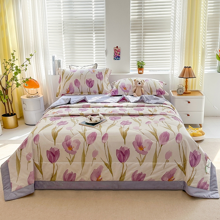 91家纺网 家纺一手货源 找家纺 欧夏家纺 2025新款里外全棉印花夏被100%新疆棉花 郁金香-紫