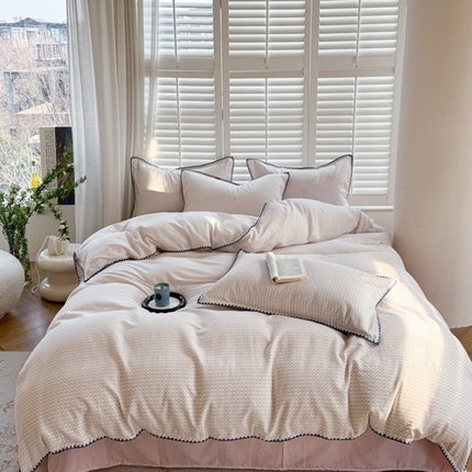 91家纺网 家纺一手货源 找家纺 （总）金丝鸟家纺 2025新款全棉双层纱贝壳边四件套花卉系列