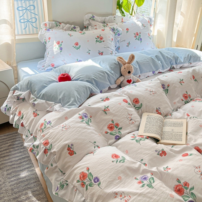 91家纺网 家纺一手货源 找家纺 雨帆家纺2025新款水洗棉印花四件套 兔兔花园