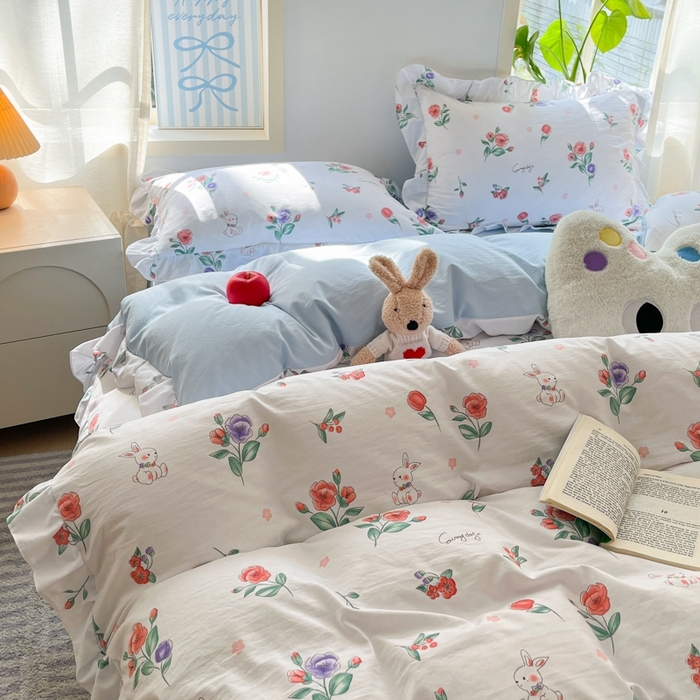 91家纺网 家纺一手货源 找家纺 雨帆家纺2025新款水洗棉印花四件套 兔兔花园