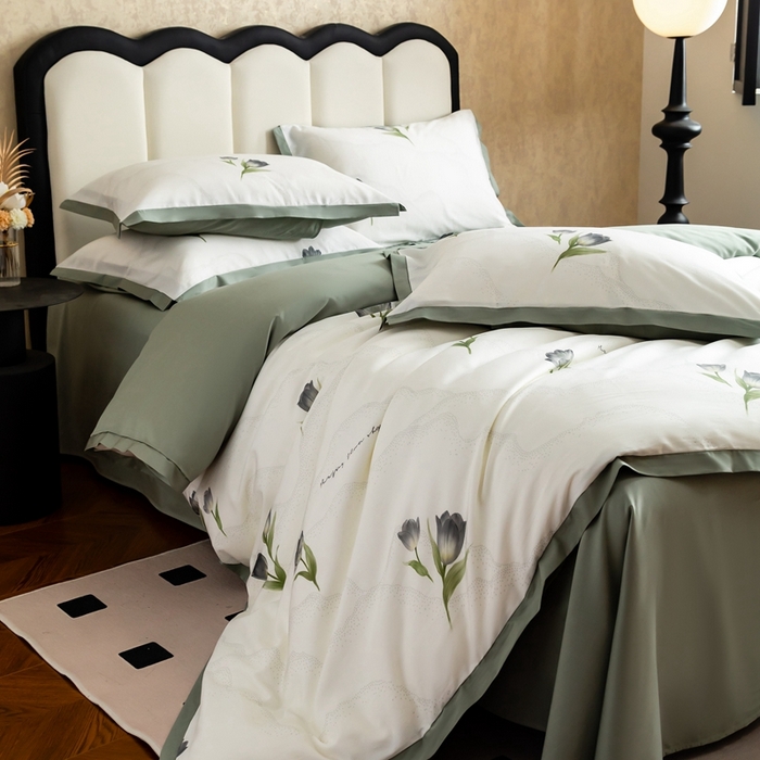 91家纺网 家纺一手货源 找家纺 金奇达2025新款【曼妙庄园】-轻氧水光天丝棉四件套（标准号全网控价（折后券后）不低于268） 玫瑰花语-森绿