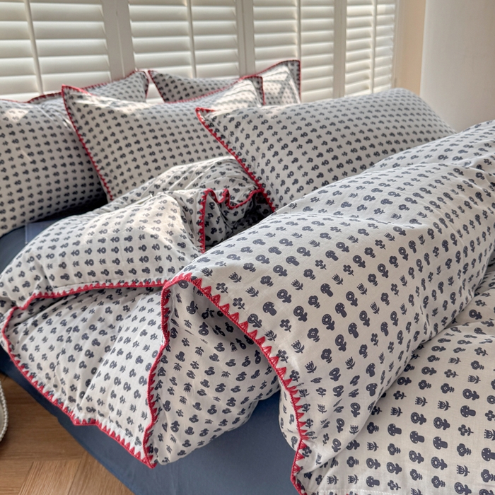 91家纺网 家纺一手货源 找家纺 金丝鸟家纺 2025新款全棉双层纱贝壳边四件套花卉系列 吉祥