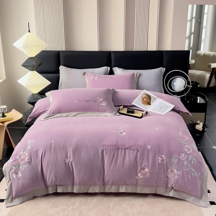 91家纺网 家纺一手货源 找家纺 （总）曲之慕 2025新品四季款高端刺绣四件套简约可水洗轻奢纯色刺绣四件套--馨花漫舞