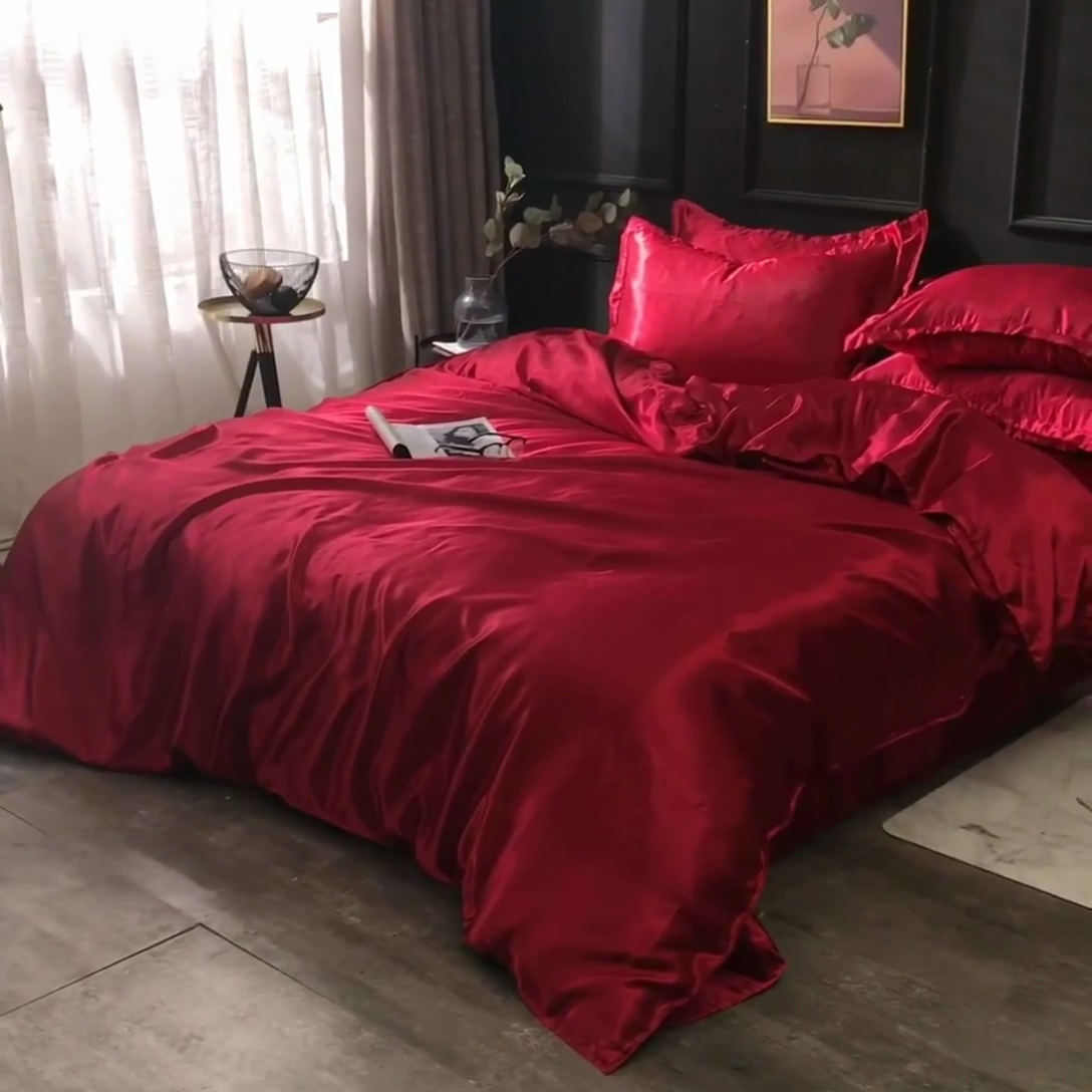 91家纺网 家纺一手货源 找家纺 经年 2025年特价款丝绸水洗冰丝四件套-四件套 直播爆款 酒红