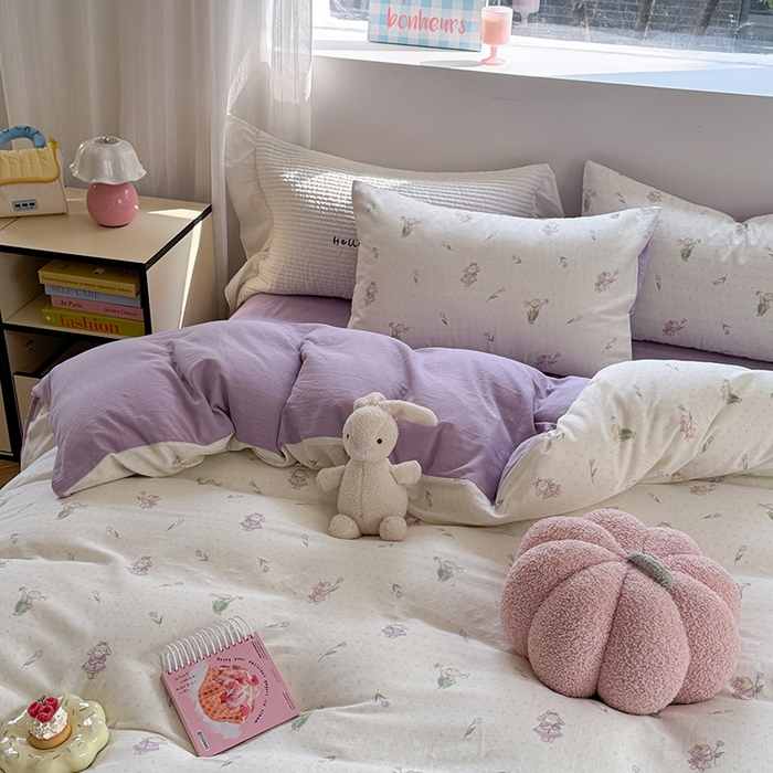 91家纺网 家纺一手货源 找家纺 2025新款全棉有氧双层纱四件套-卡通系列 郁金香甜兔