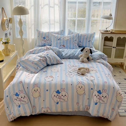 91家纺网 家纺一手货源 找家纺 悦织湾家纺2025新款高克重卡通水洗棉印花四件套学生宿舍单双人床上用品三四件套 卡通-可爱兔
