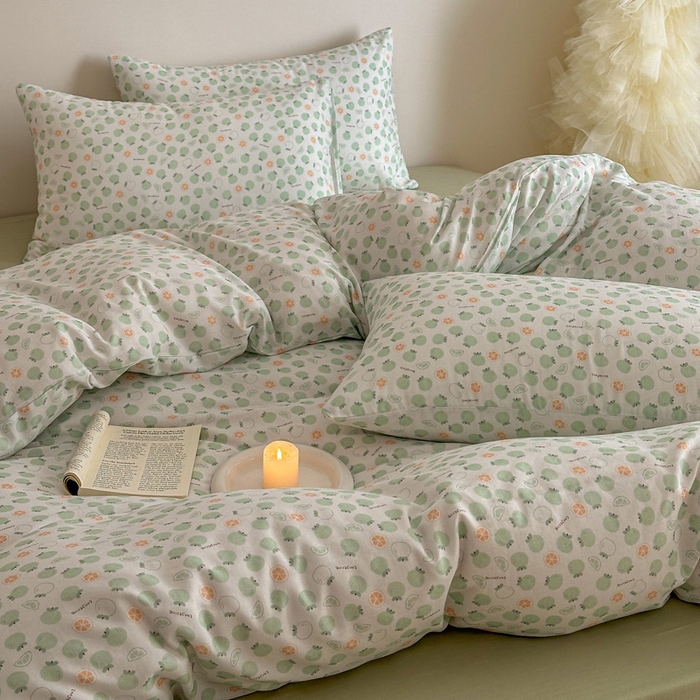 91家纺网 家纺一手货源 找家纺 塞纳 2026新款.全棉有氧双层纱四件套-场景二-大橘大利-绿