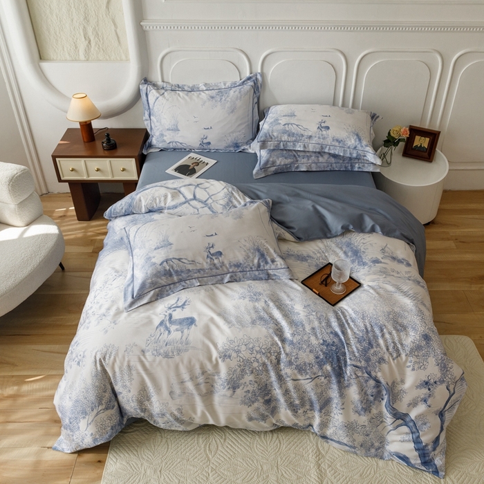 91家纺网 家纺一手货源 找家纺 金奇达2025新款【休闲午后】-轻氧水光莱赛尔四件套（标准号全网控价（折后券后）不低于258） 路易莎-蓝