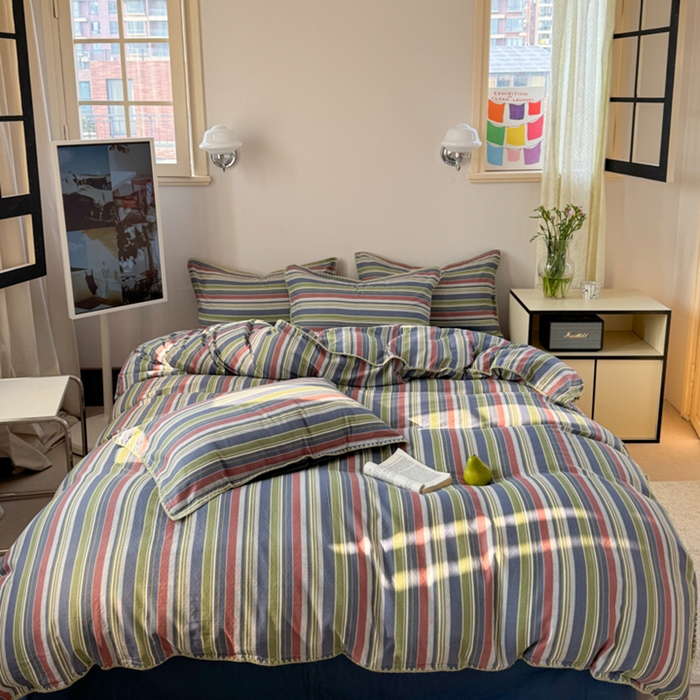 91家纺网 家纺一手货源 找家纺 金丝鸟家纺 2025新款全棉双层纱贝壳边四件套格子系列 塔思琦