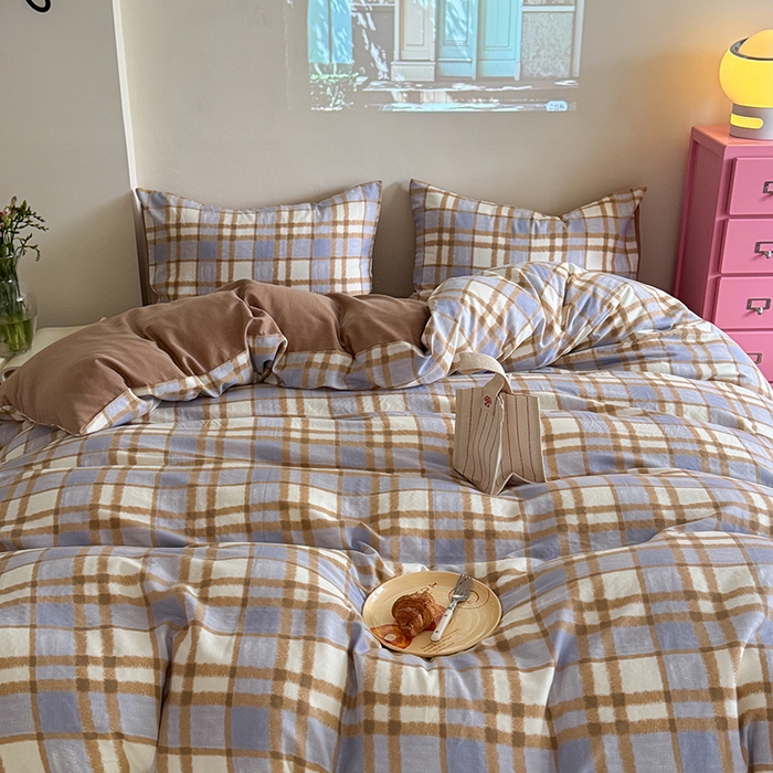 91家纺网 家纺一手货源 找家纺 2025新款全棉有氧双层纱四件套-简约系列 格调-蓝