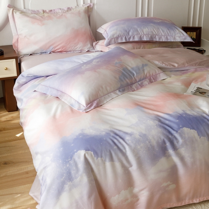 91家纺网 家纺一手货源 找家纺 金奇达2025新款【休闲午后】-轻氧水光莱赛尔四件套（标准号全网控价（折后券后）不低于258） 梦幻云彩