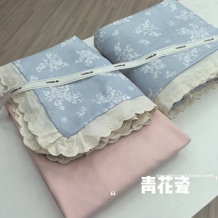 91家纺网 家纺一手货源 找家纺 吾欢心 2025新款韩版花边水洗双层纱四件套 青花瓷