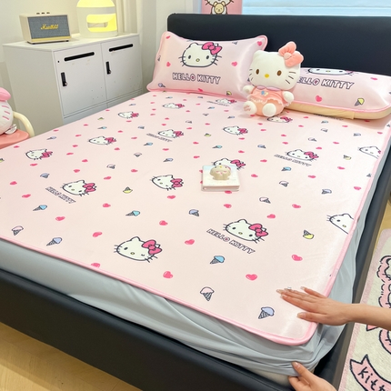 暮思家居 2025新款三丽鸥正版授权数码印花A类可机洗1200D冰丝凉席三件套床笠款系列 床笠款-甜筒KT