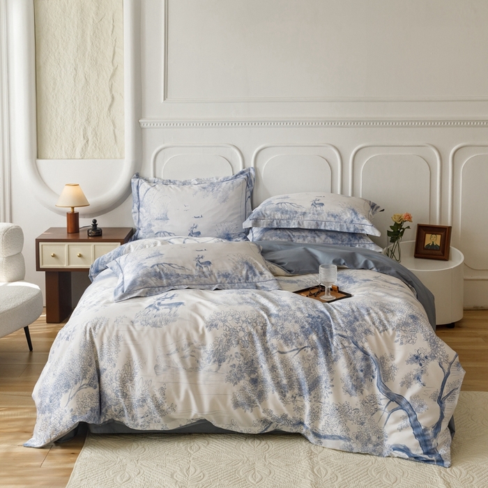 91家纺网 家纺一手货源 找家纺 金奇达2025新款【休闲午后】-轻氧水光莱赛尔四件套（标准号全网控价（折后券后）不低于258） 路易莎-蓝