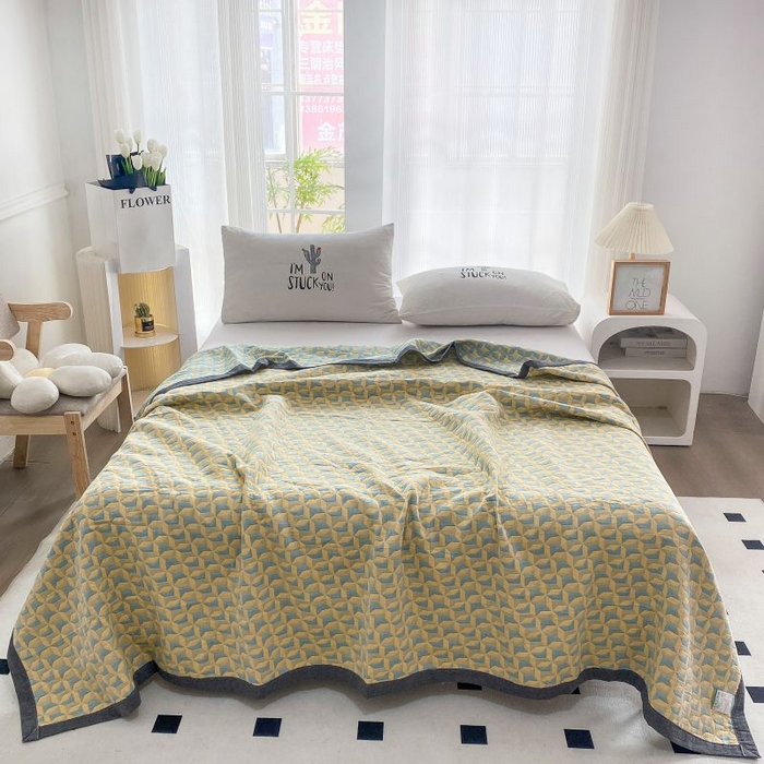 91家纺网 家纺一手货源 找家纺 鸣升家纺 2025新款a类全棉三层纱多功能毛巾被盖毯床单夏被空调被 风车黄