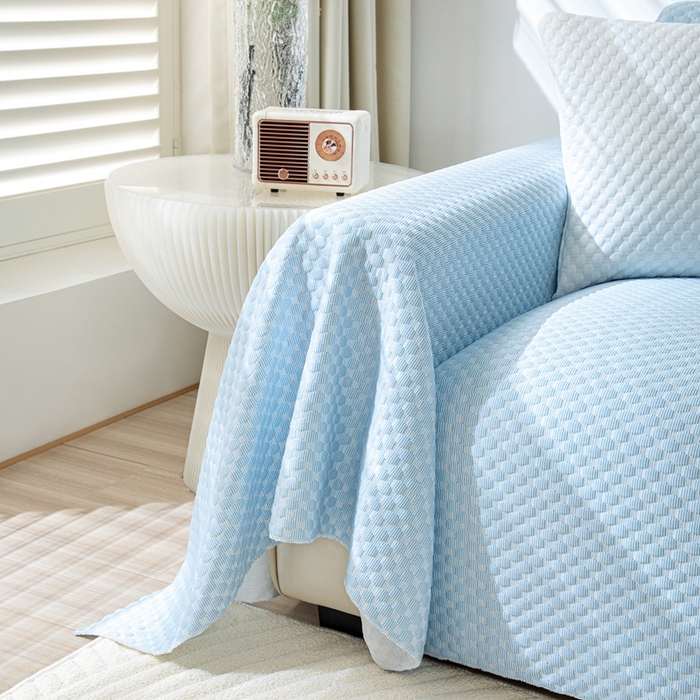 91家纺网 家纺一手货源 找家纺 沐沐 2026新款冰豆豆沙发巾 清爽蓝