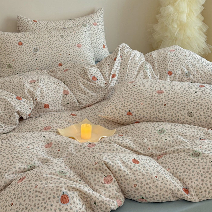 91家纺网 家纺一手货源 找家纺 塞纳 2026新款.全棉有氧双层纱四件套-场景二-南瓜派对-黄