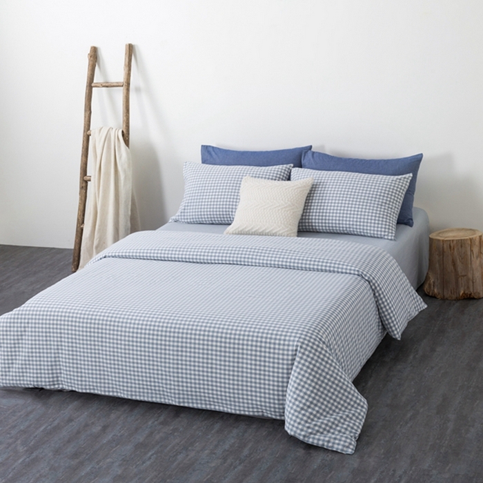 91家纺网 家纺一手货源 找家纺 玖弘家居 2025新款水洗棉单被套 浅蓝小格