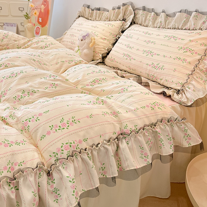 91家纺网 家纺一手货源 找家纺 眠帛家居 2025新款A类皱皱纱蕾丝花边四件套 锦簇