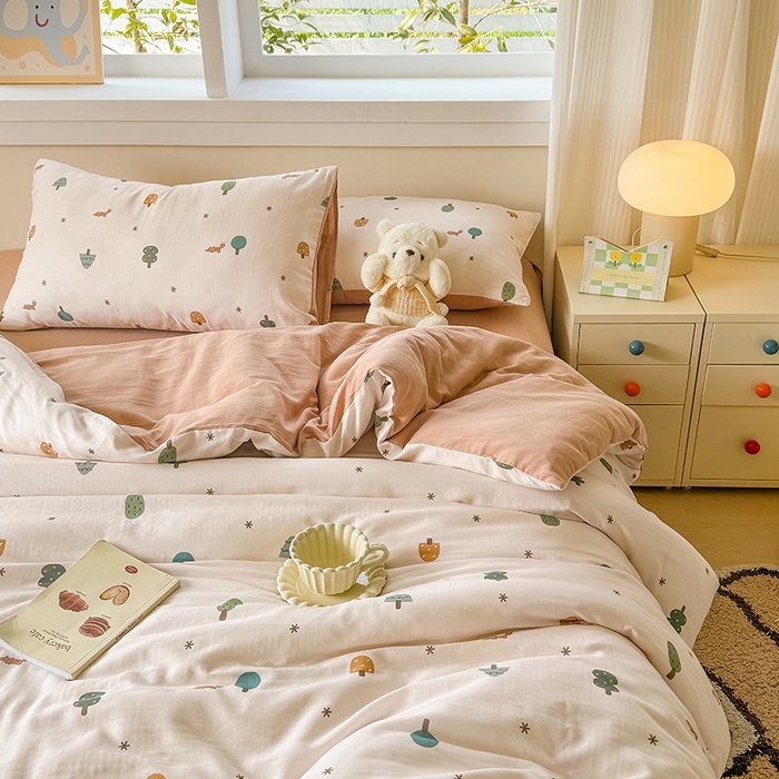 91家纺网 家纺一手货源 找家纺 2025新款40s全棉双层纱圆角吊边款四件套乐童-咖