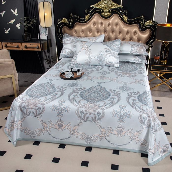 91家纺网 家纺一手货源 找家纺 肖恩毯业 2025新款印花斜纹冰丝席三件套 半窗疏影