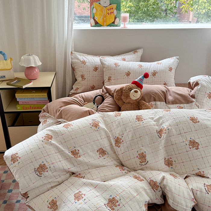 91家纺网 家纺一手货源 找家纺 2025新款全棉有氧双层纱四件套-卡通系列 跳跳熊