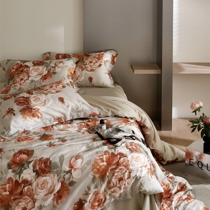 91家纺网 家纺一手货源 找家纺 金奇达2025新款【艺术花卉】-茧养莱赛尔四件套（标准号全网控价（折后券后）不低于228元） 妮缇-咖